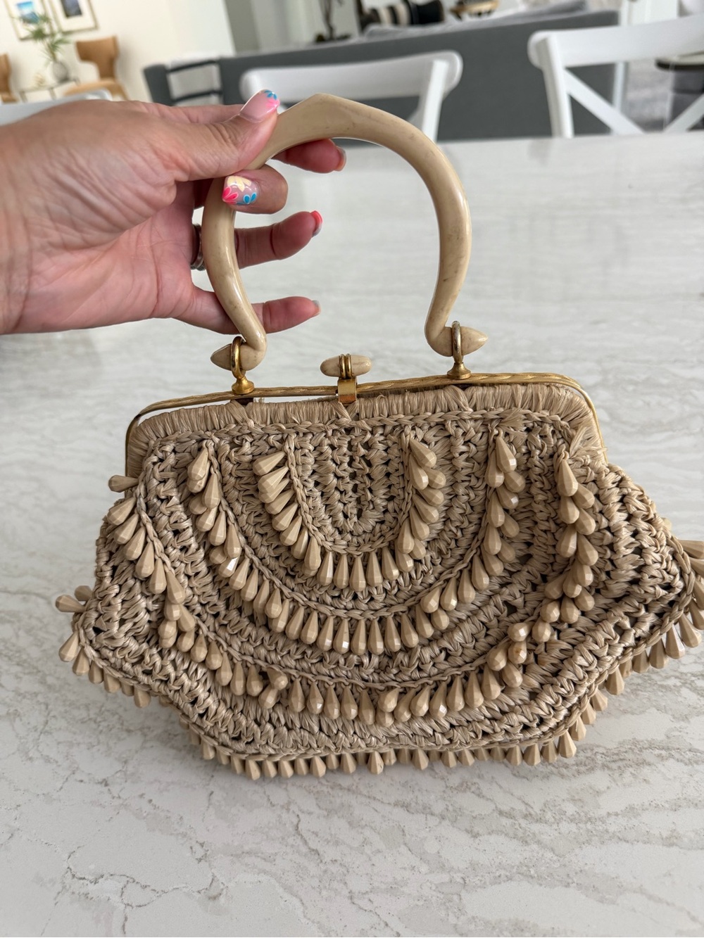 Vintage Beige Woven Mini Top-Handle Bag with Bead Trim